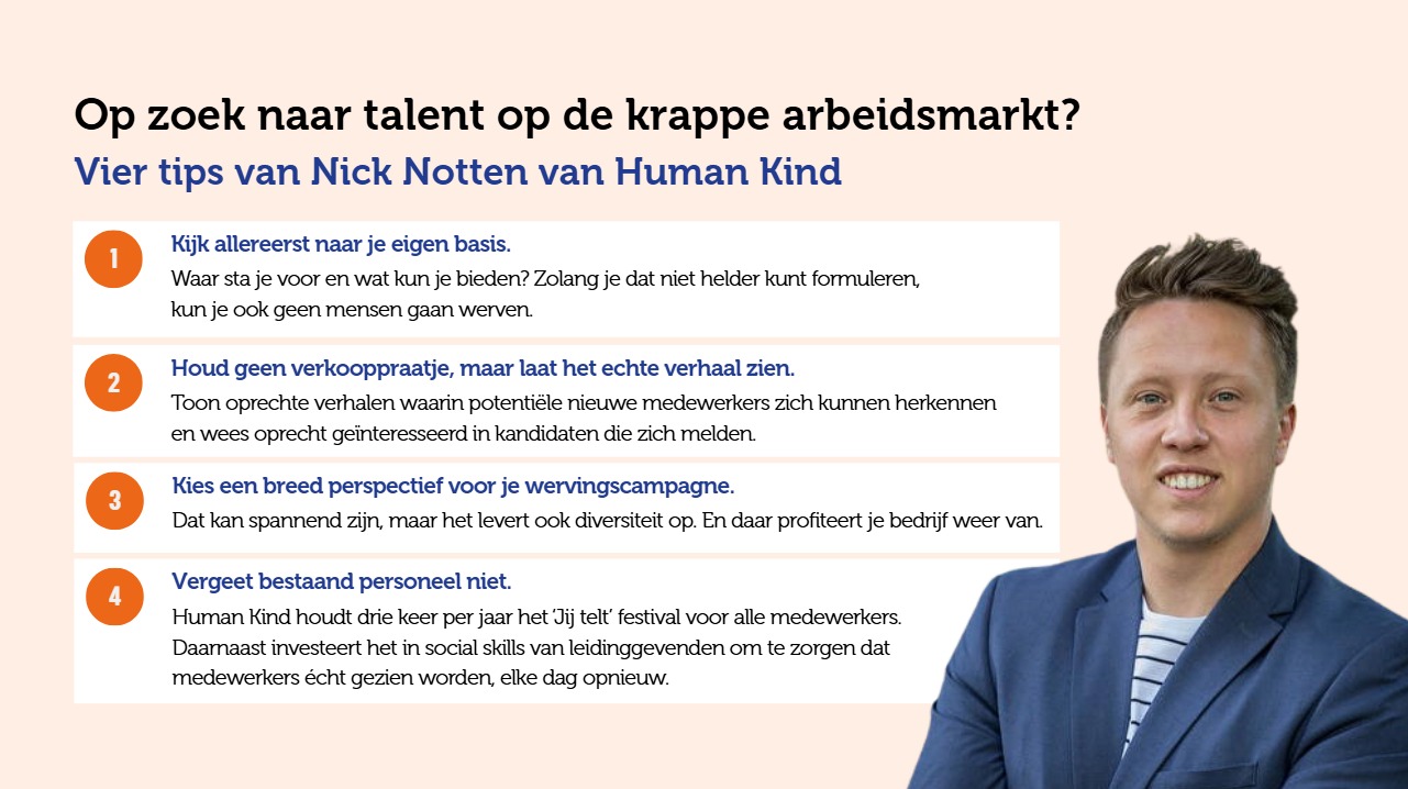 Vier tips van HumanKind: Kijk naar je eigen basis - laat het echte verhaal zien - kies een breed perspectief voor je wervingscampagne - vergeet bestaand personeel niet