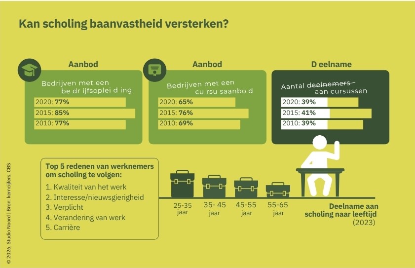 Infographic over scholing en ontwikkeling met cijfers over cursusaanbod, deelname aan scholing en redenen waarom werknemers opleidingen volgen.